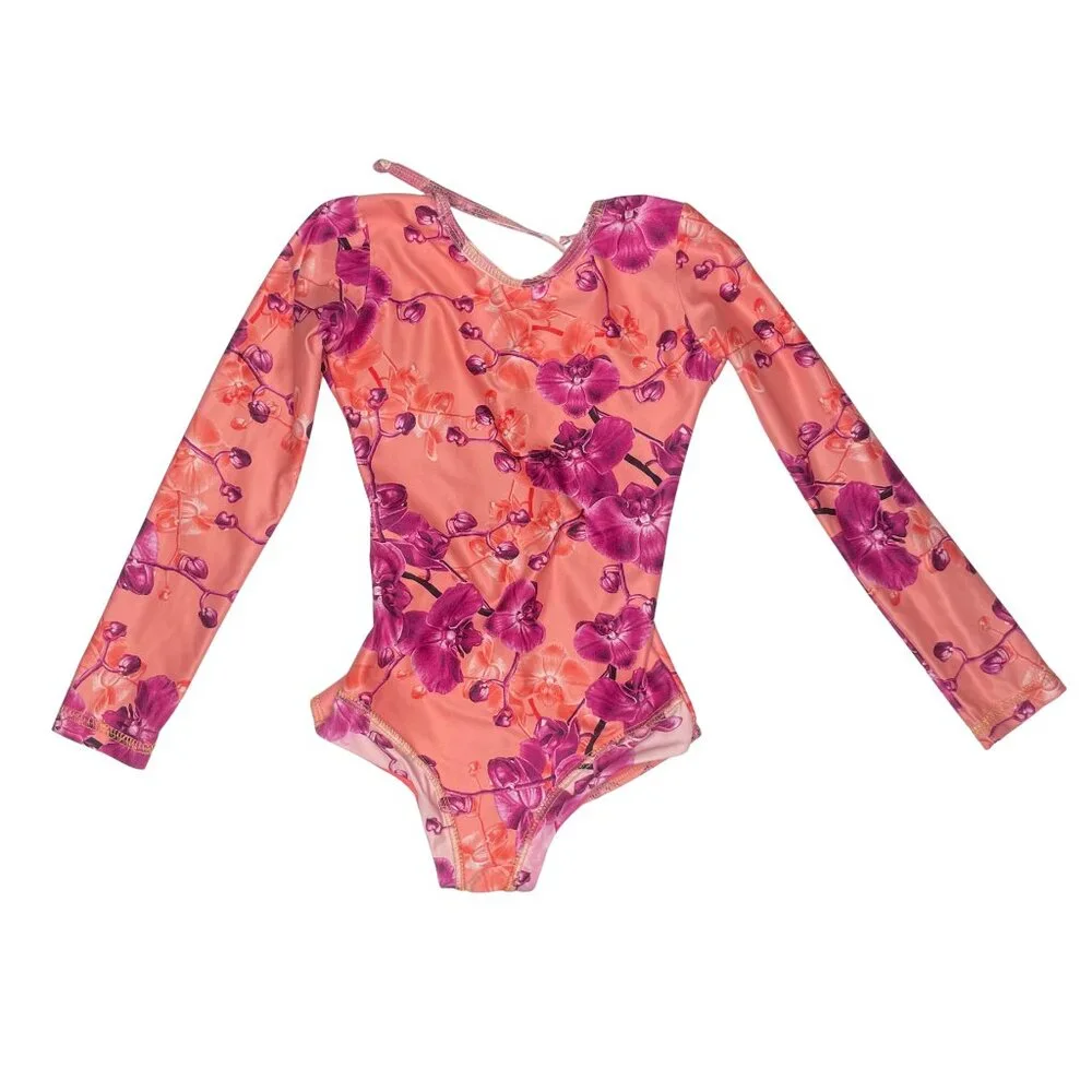 Mar de Lua Girls Orchid Floral Long Sleeve One Piece Swimsuit Size 6